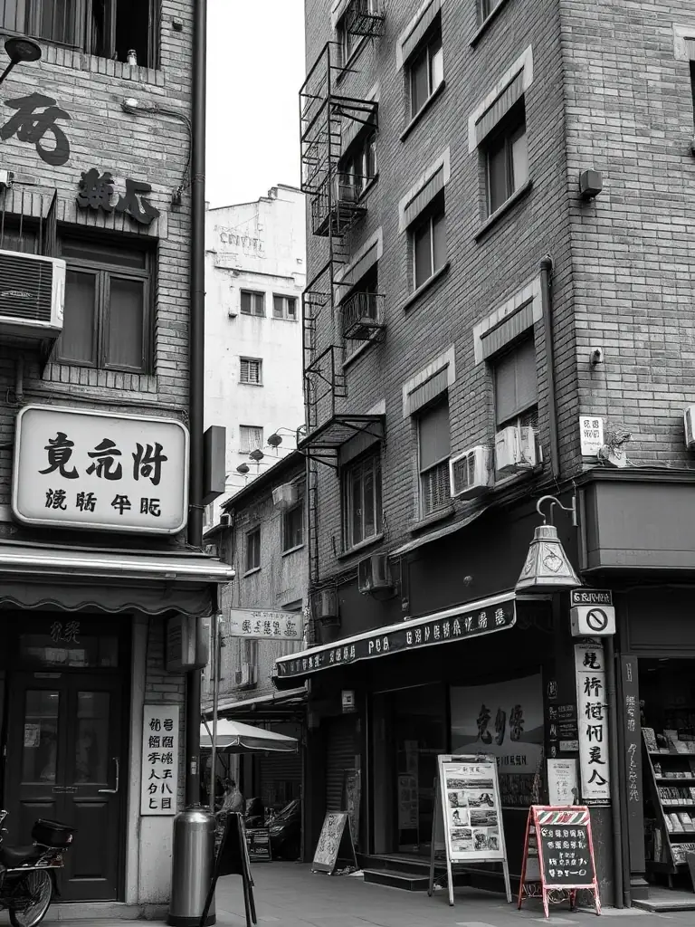 A black and white photograph of the historic architecture and traditional shops in Sham Shui Po, Hong Kong, showcasing its unique character.