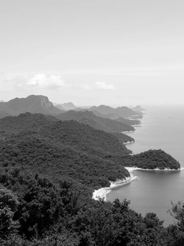A black and white image of the serene and green landscape of Sai Kung, Hong Kong, highlighting its natural beauty and outdoor activities.