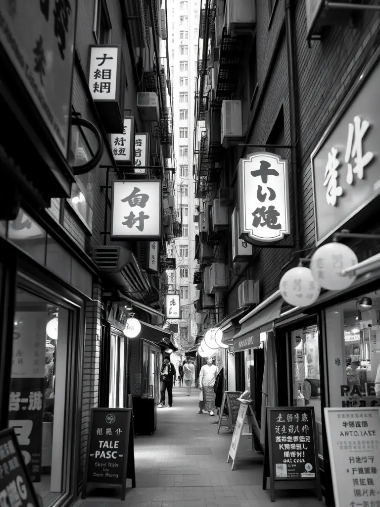 A quiet, narrow street in Tai Hang, Hong Kong, featuring unique boutiques and local eateries, captured in black and white with a shallow depth of field.