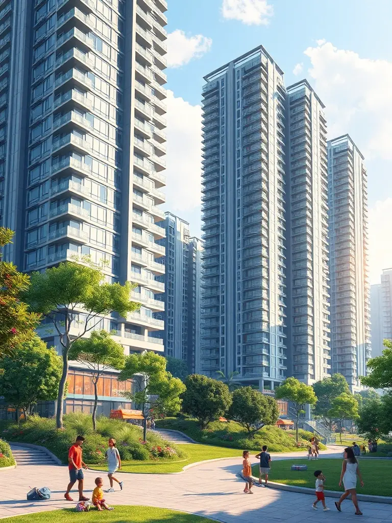 A modern architectural shot of Olympic, Hong Kong, showcasing its contemporary residential buildings, green spaces, and family-friendly environment.