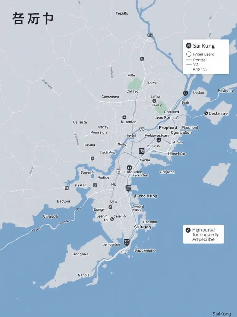 A map highlighting areas in Sai Kung, Hong Kong, with high potential for property value appreciation due to upcoming transportation improvements.