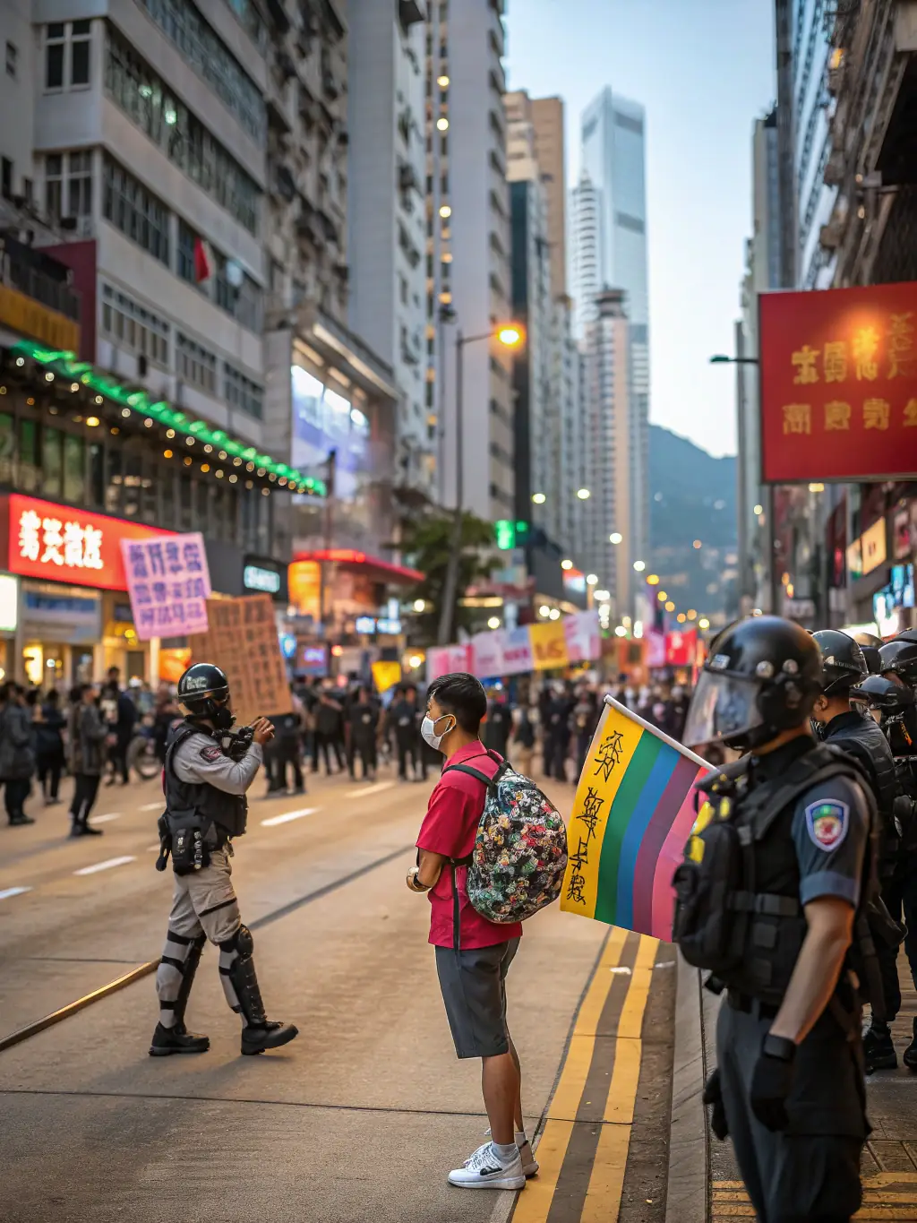 A vibrant street scene in Hong Kong, capturing the blend of Eastern and Western cultures.