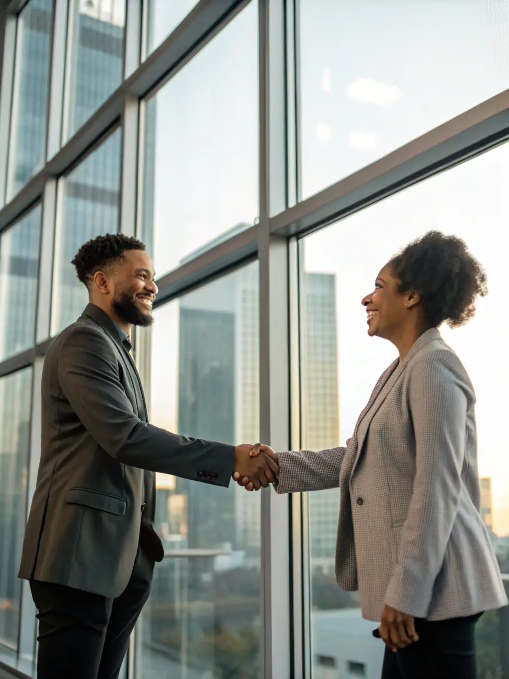 A handshake between two people in a modern office setting, representing successful negotiation during a property transaction.
