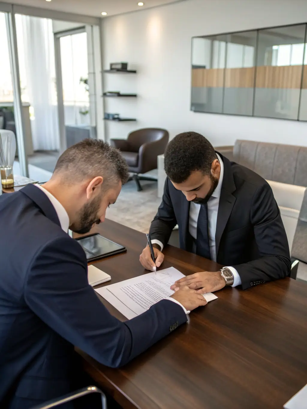 A person signing a property contract with a lawyer present, symbolizing the finalization of a property purchase.
