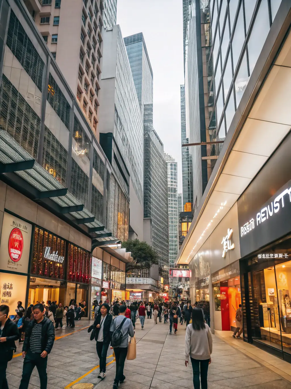 A panoramic view of Causeway Bay, Hong Kong, highlighting its bustling shopping streets, high-rise buildings, and vibrant nightlife.